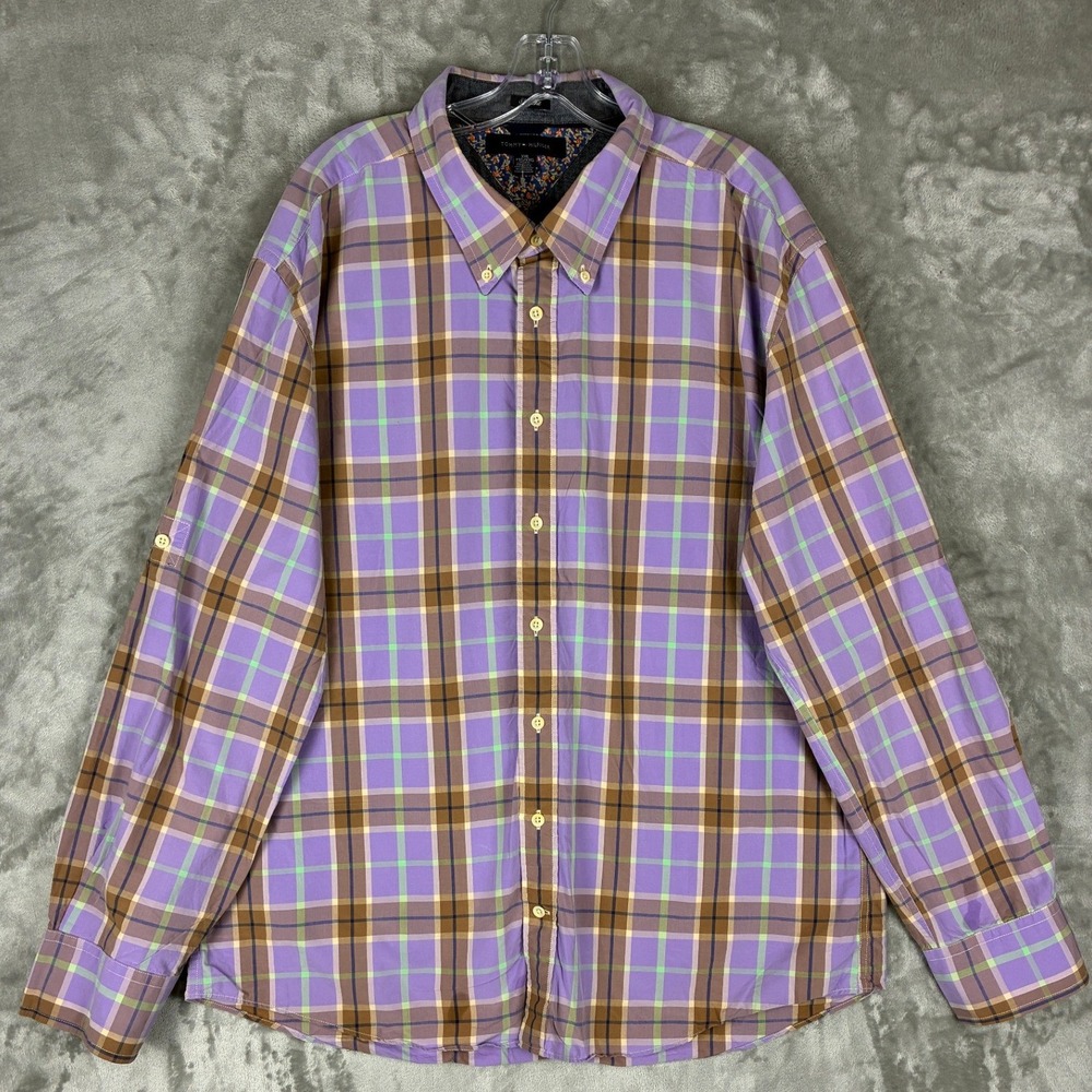Tommy Hilfiger Mens XXL Purple Plaid Button Down Shirt Long Sleeve Roll Tab